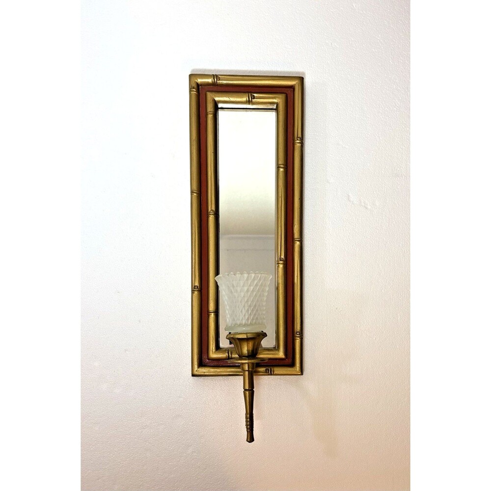 Vintage Bamboo Resin Wall Sconce Mirror & Candle Holder Hollywood Regency Style